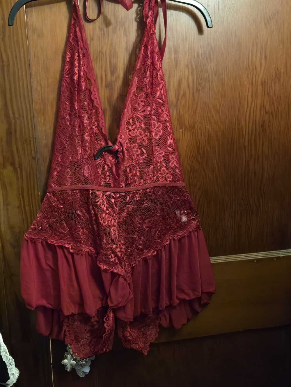 Red Lace Halter Romper with Chiffon Skirt - Crotchless Women's Intimates